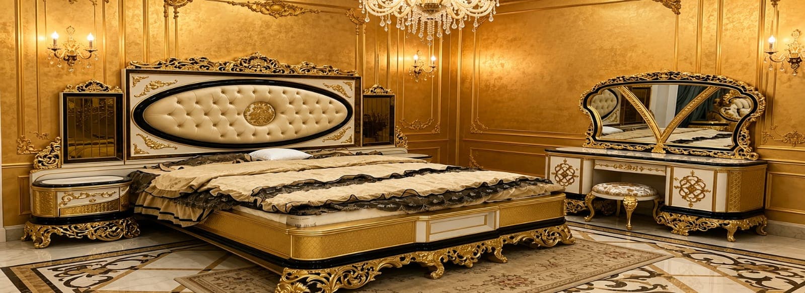 Ornate gold-carved luxury bedroom suite with tufted headboard, vanity, and crystal chandelier