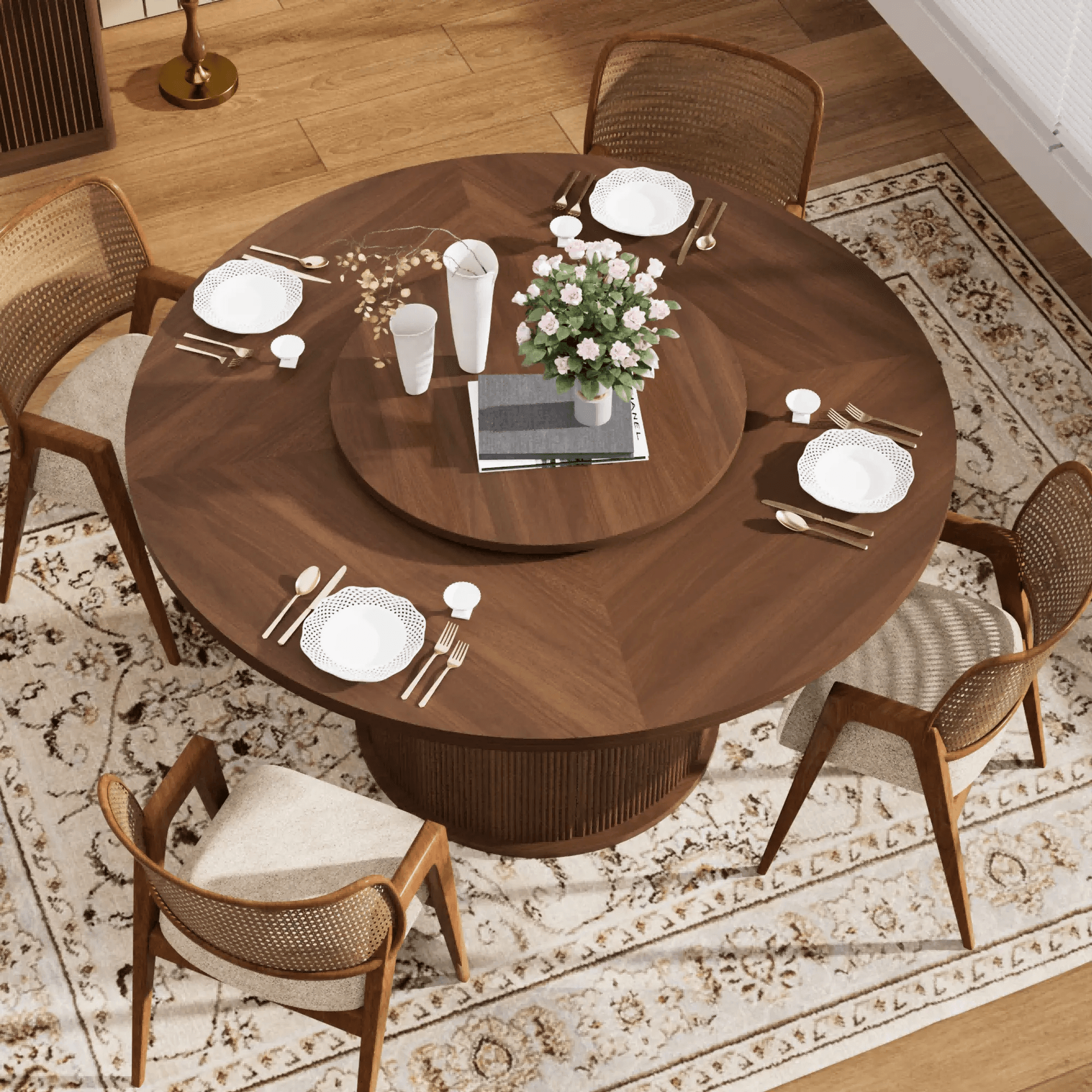 Round Timber Cane Dining Table