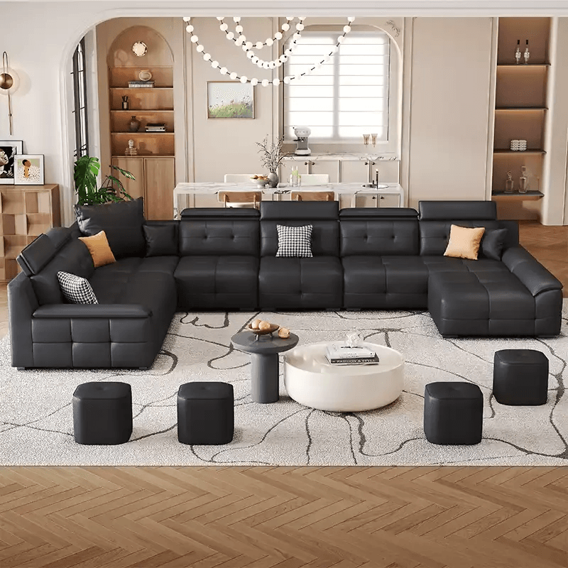 U-Shaped Reclining Black Sofa