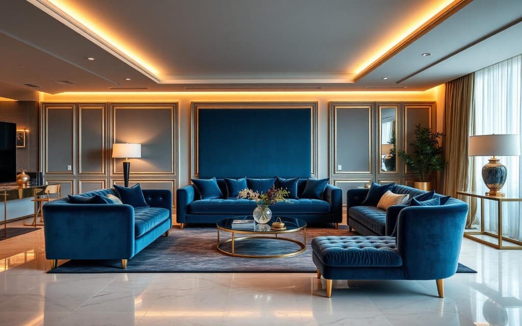 Luxury living room with deep blue sofas